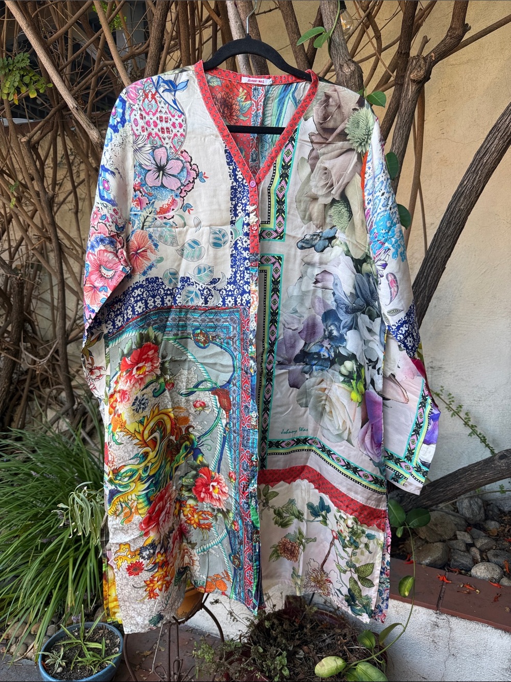 Johnny Was Multicolor Floral Patchwork Silk Tunic